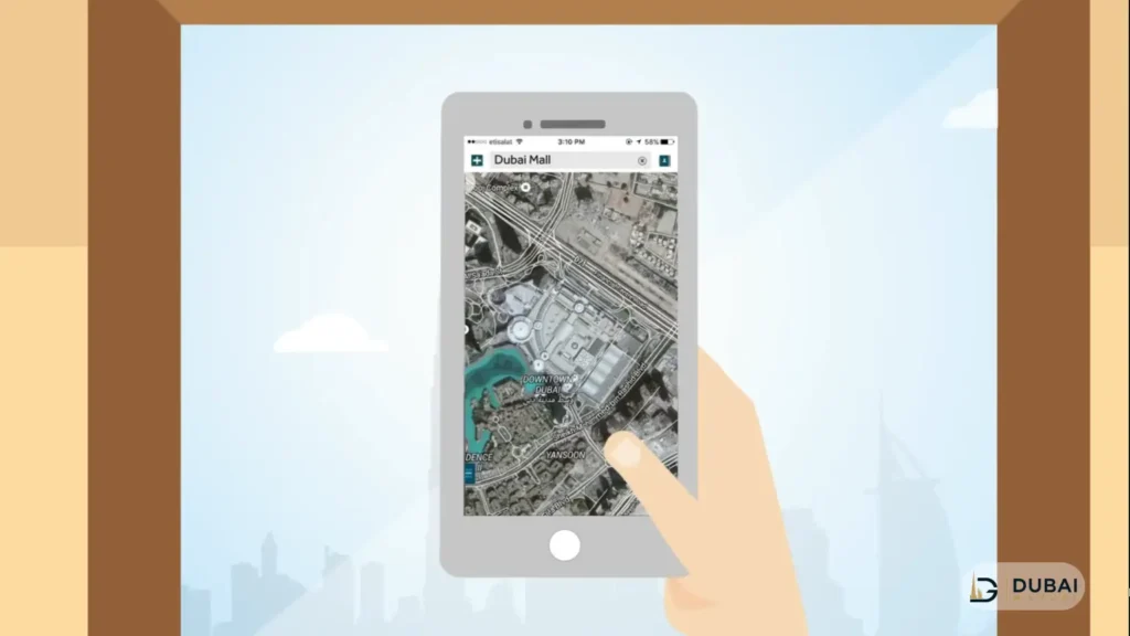 Makani app showing Dubai Mall on the map