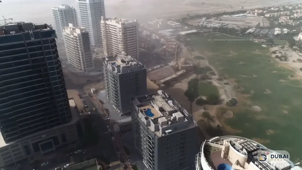 Aerial view of Dubai Sports City residential towers
