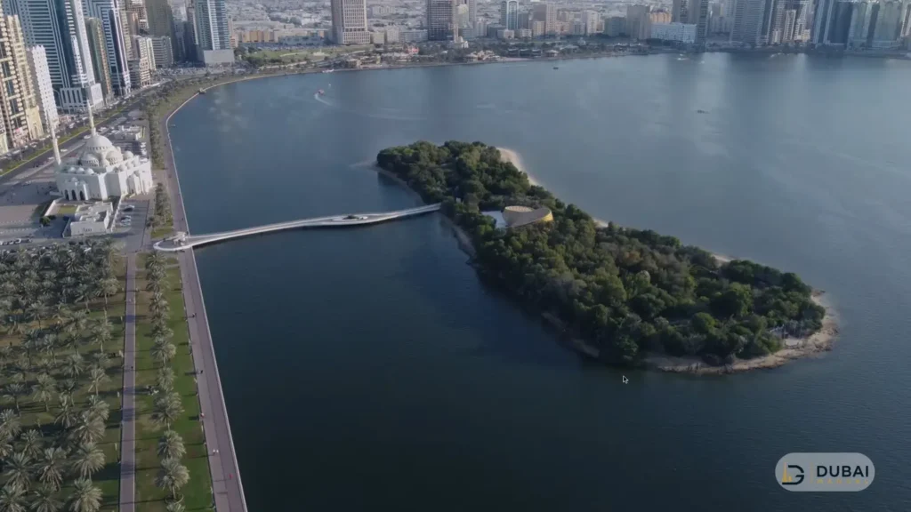 Aerial view of Khalid Lagoon and Al Noor Island
