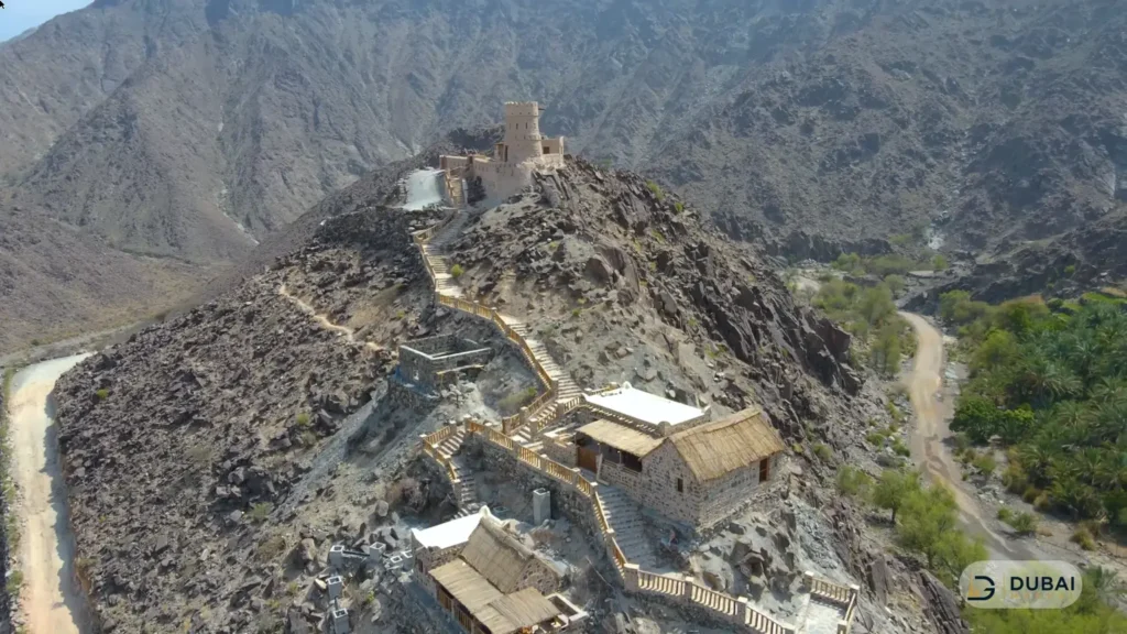 Aerial view of Nahwa heritage village and fort tower