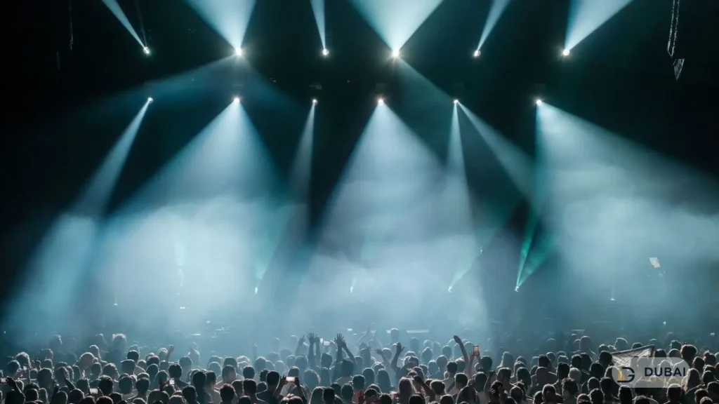 Concert crowd under stage lights
