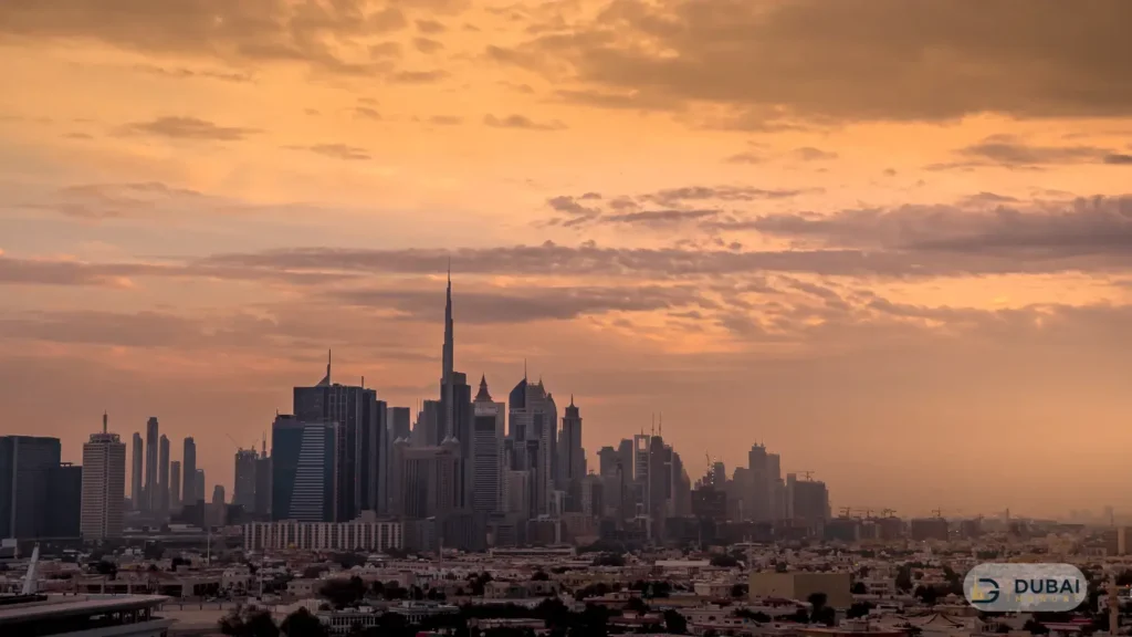 Dubai skyline at sunset with the Burj Khalifa