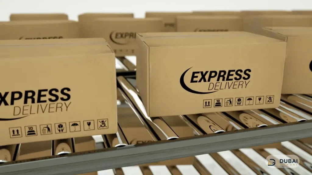 Express delivery parcels moving on a warehouse conveyor