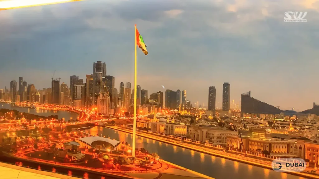 Flag Island and the Sharjah skyline glowing at dusk