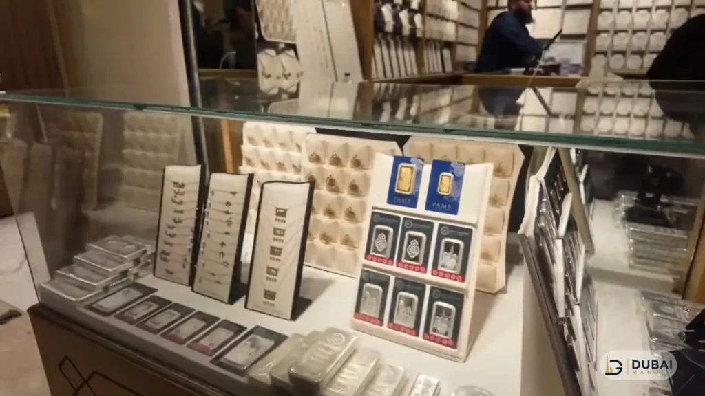 Gold bars in a shop display case at Gold Souq Ajman