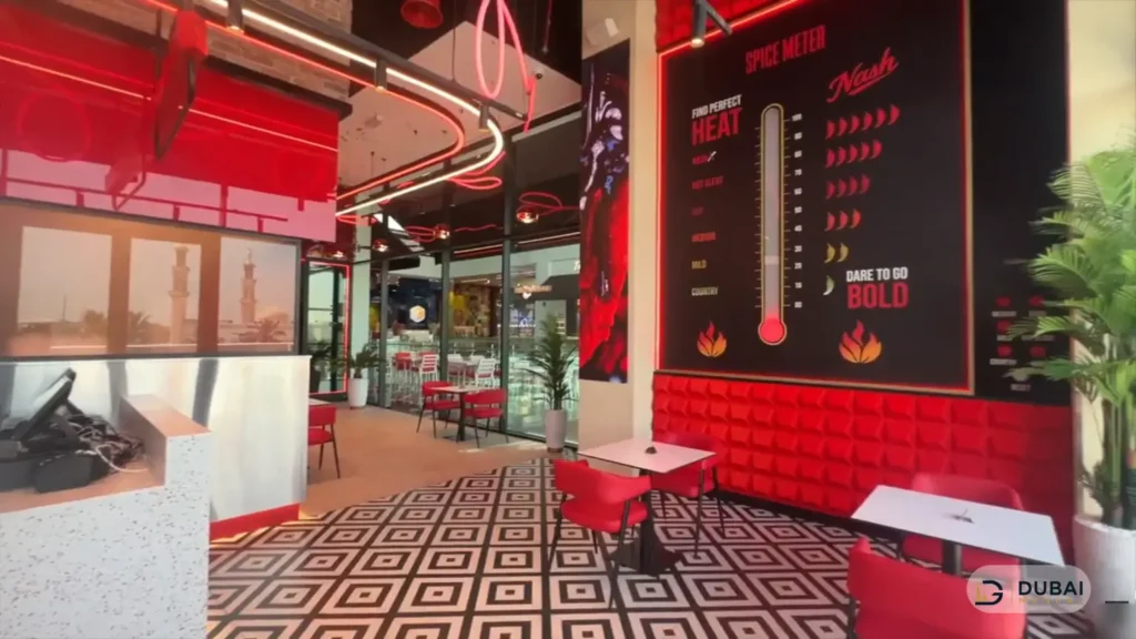 Nash restaurant interior with red seating at Zero 6 Mall