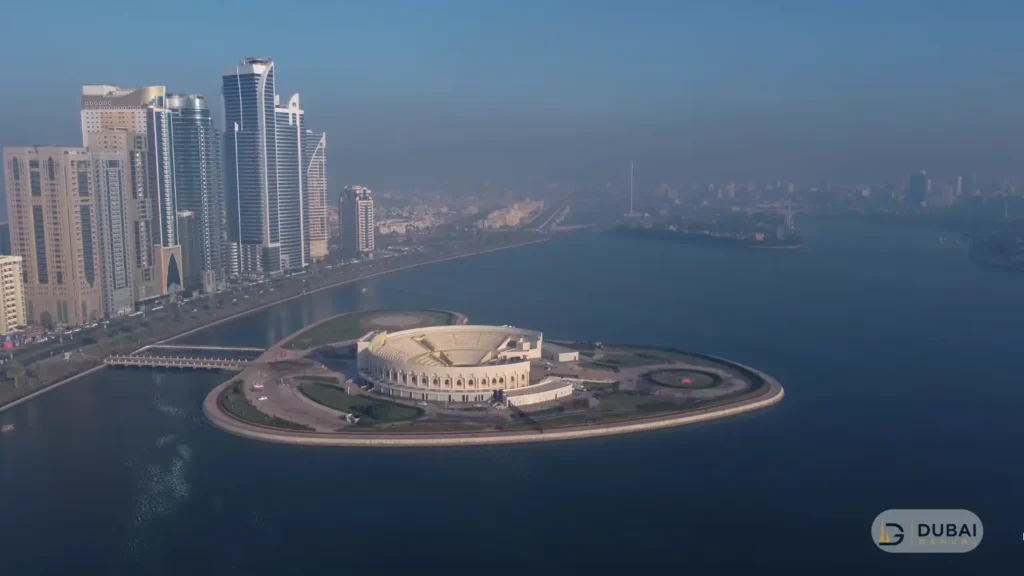Sharjah Musical Fountain amphitheatre on Khalid Lagoon from above