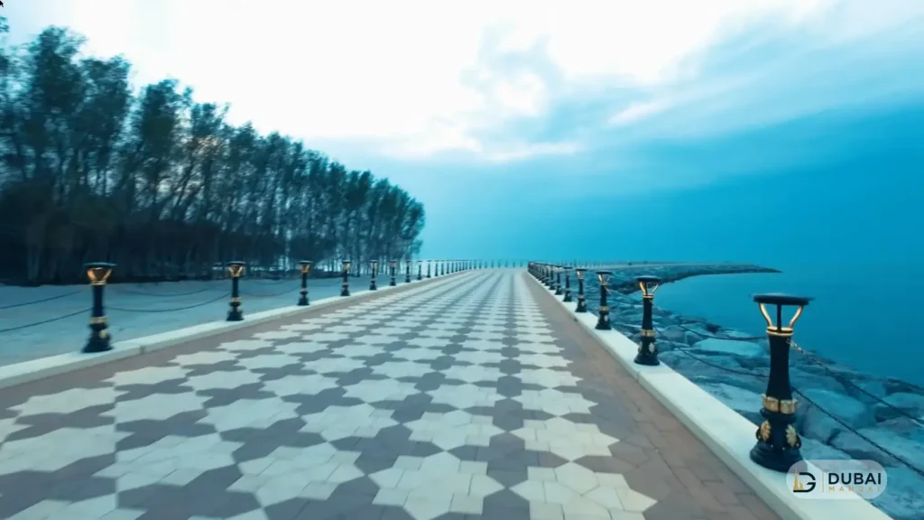 Waterfront promenade at Al Layyah Canal lined with lamp posts