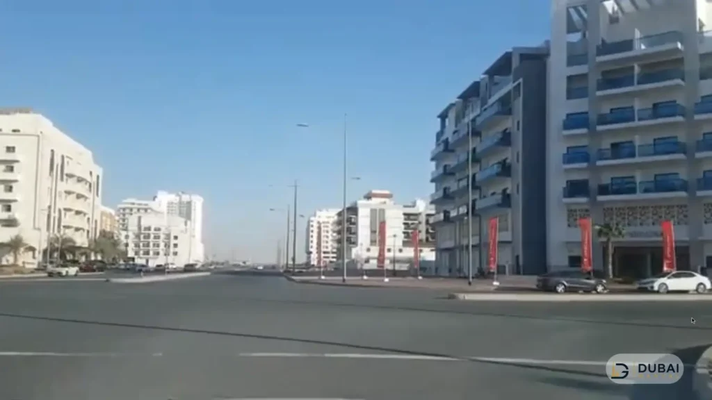 Wide view of residential towers in International City Phase 2